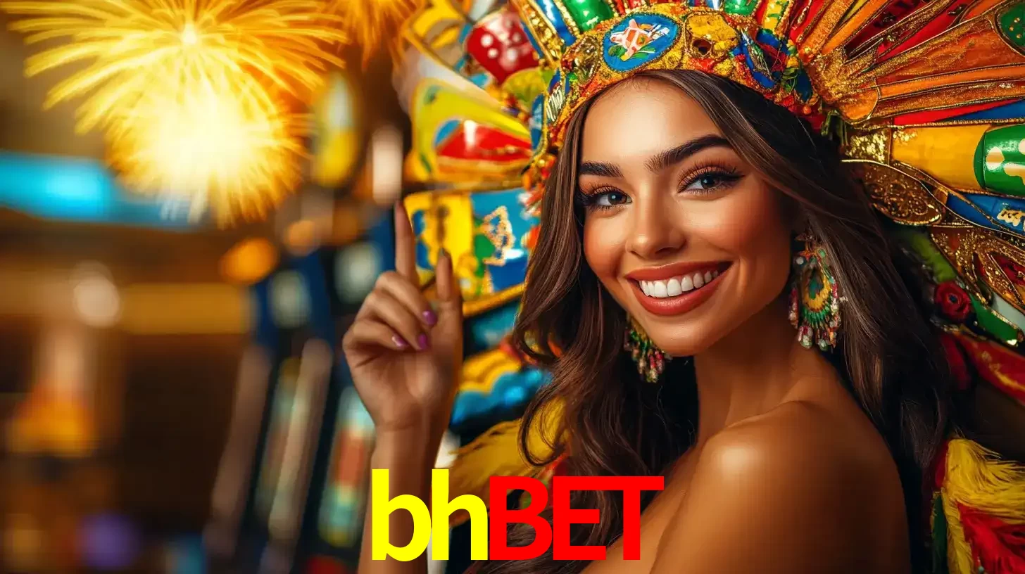 Mulher sorridente com um cocar de carnaval vibrante e colorido, celebrando uma grande vitória nos jogos do cassino bhbet com fogos de artifício ao fundo.