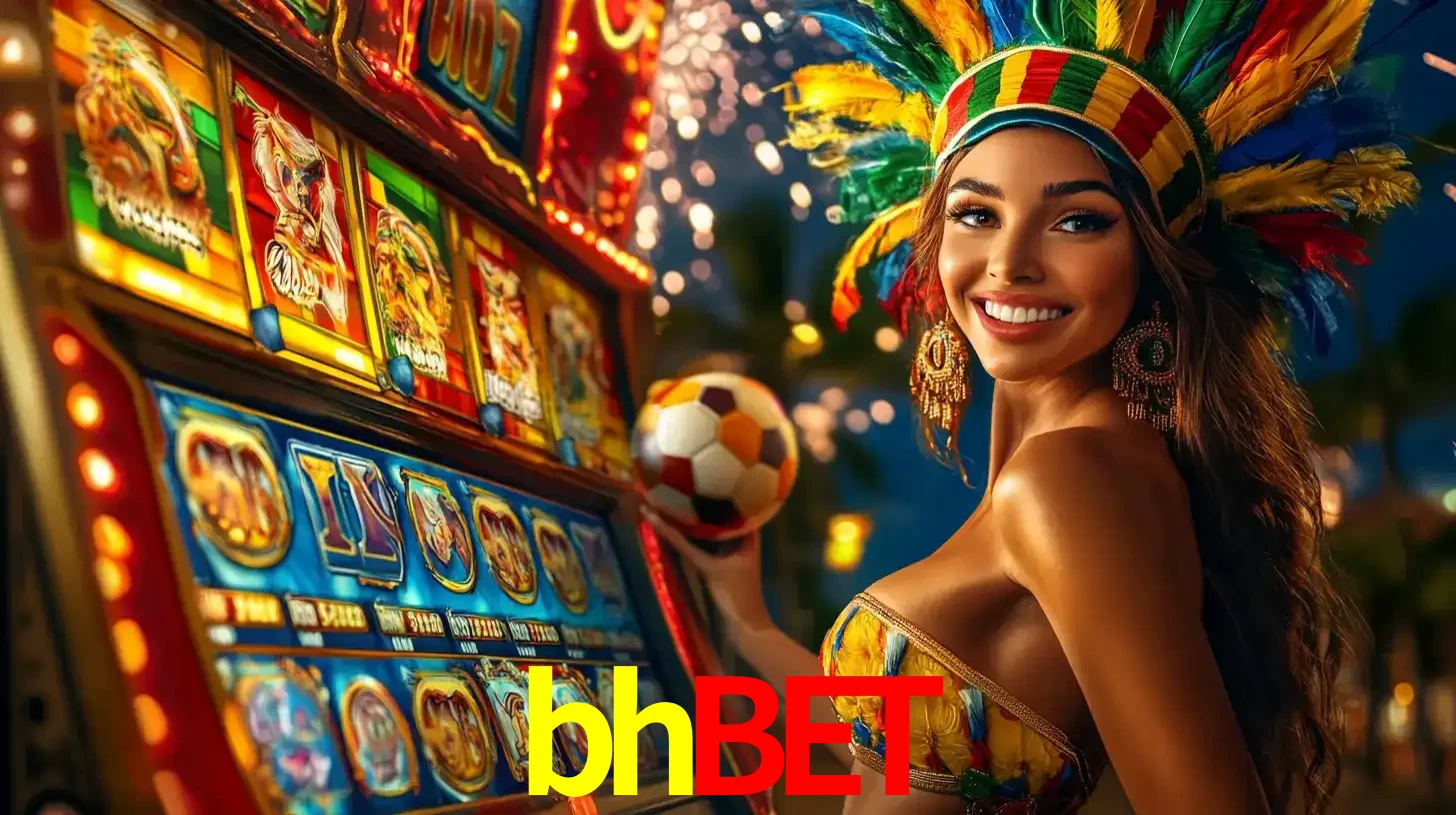 Mulher com um cocar de carnaval ao lado de uma máquina de caça-níqueis enquanto segura uma bola de futebol, mostrando a união da diversão de cassino e esportes no bhbet.