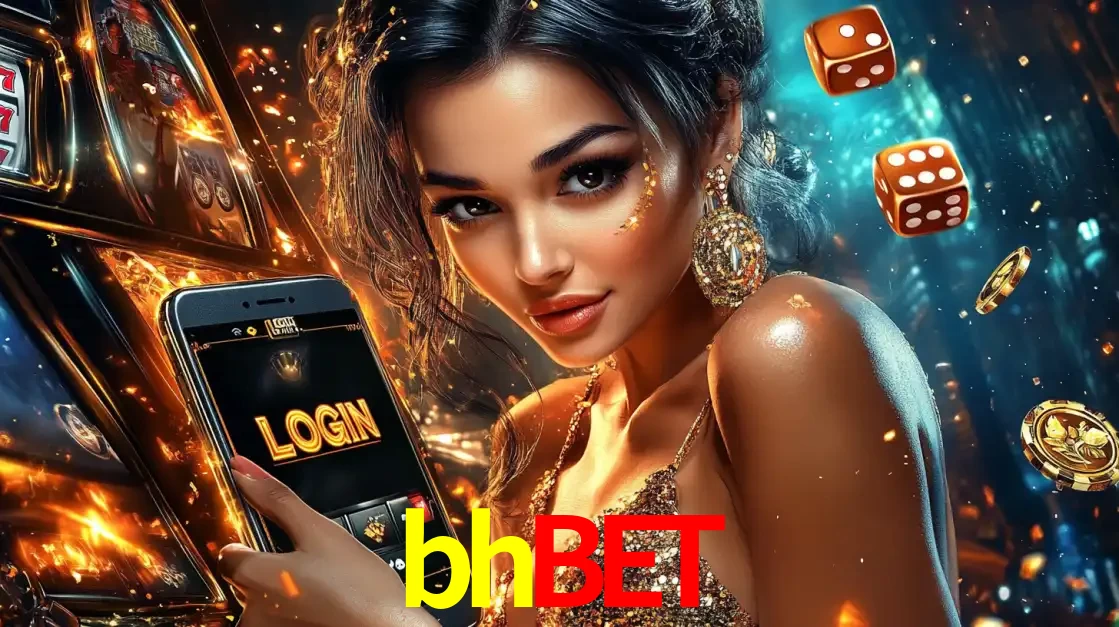 Mulher glamourosa segurando um celular com a tela de login do cassino bhbet, rodeada por dados e moedas douradas, pronta para começar a diversão.