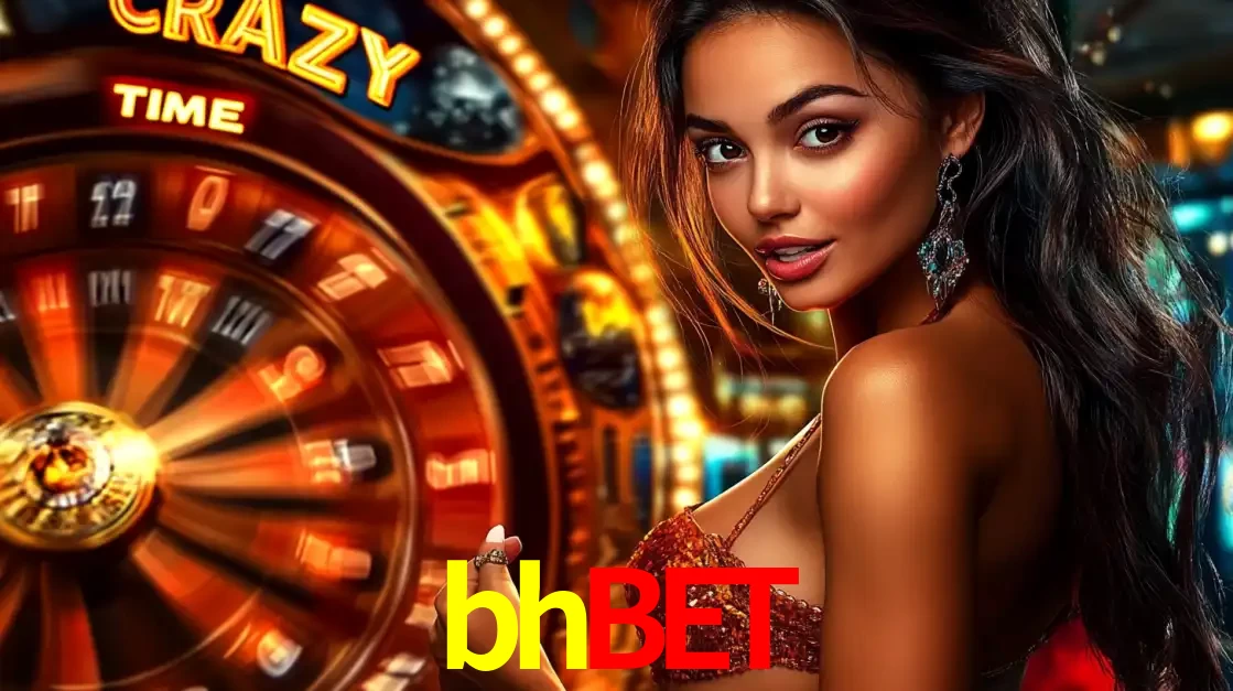 Mulher ao lado da roda de prêmios do jogo de cassino ao vivo Crazy Time, um dos shows de jogos mais emocionantes oferecidos pela plataforma de apostas bhbet.