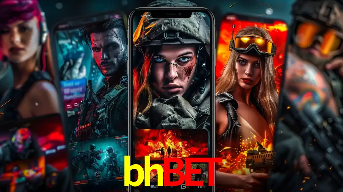 Montagem de telas de celular mostrando diversos personagens, masculinos e femininos, de um jogo de tiro, ilustrando a diversidade de equipes de e-sports para apostar no bhbet.