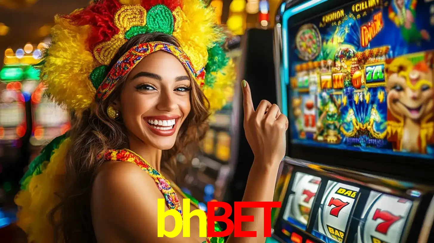 Mulher animada com um cocar de carnaval apontando para uma máquina de caça-níqueis, mostrando a emoção de ganhar um grande prêmio nos jogos do bhbet.