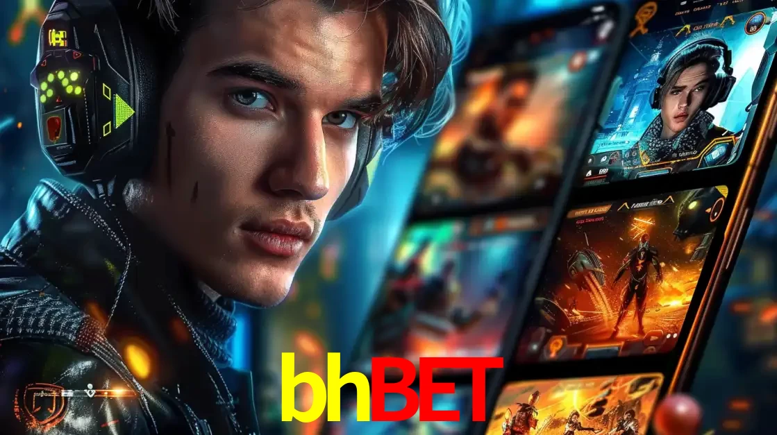 Jovem jogador com fones de ouvido olhando para a câmera, com um aplicativo de jogos e e-sports para celular ao fundo, pronto para a competição e apostas no bhbet.