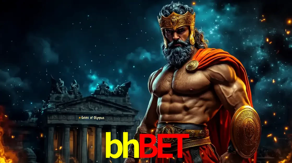 O poderoso Zeus do jogo de slot Gates of Olympus em frente ao seu templo, pronto para lançar multiplicadores divinos e prêmios épicos no cassino online bhbet.