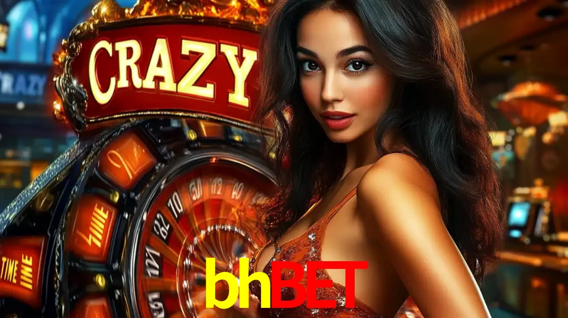 Mulher glamourosa olhando para a câmera com a roda vermelha do Crazy Time ao fundo em um ambiente de cassino, destacando a emoção dos jogos ao vivo no bhbet.