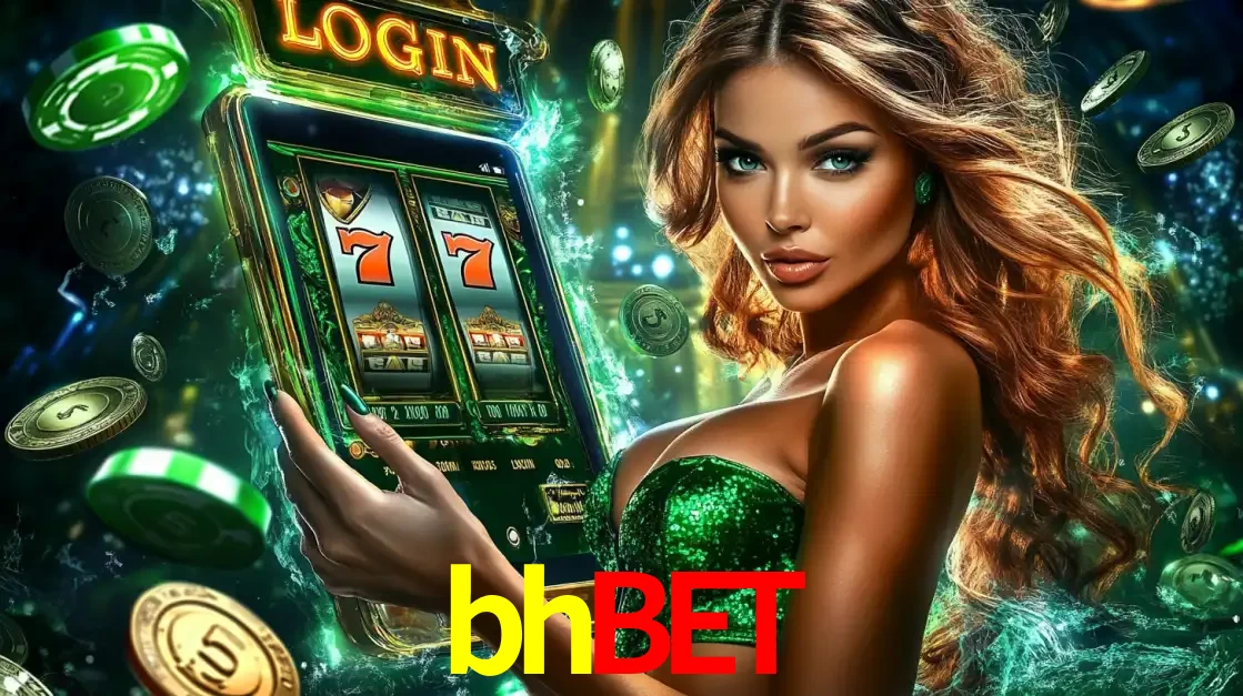 Mulher com tema verde apresentando o aplicativo do cassino bhbet com um jogo de slot de 777, cercada por fichas de cassino e uma aura de sorte.