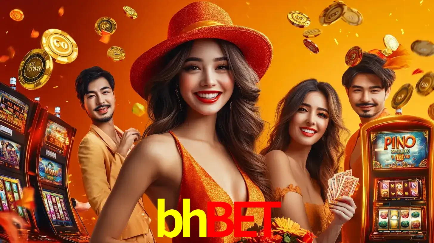 Grupo de amigos asiáticos sorrindo e se divertindo com máquinas de caça-níqueis em um ambiente festivo, celebrando suas vitórias nos jogos de cassino do bhbet.