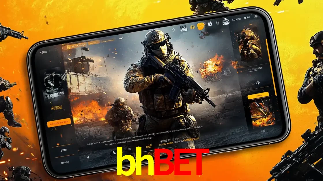 Um smartphone exibindo a interface de um jogo de tiro em primeira pessoa, com um soldado em um cenário de batalha, representando a ação dos e-sports para apostar no bhbet.