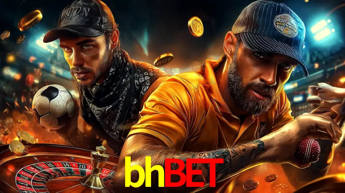 Montagem de apostas esportivas e cassino no bhbet, com um homem segurando uma bola de futebol e outro uma de beisebol sobre uma roleta e moedas voadoras.