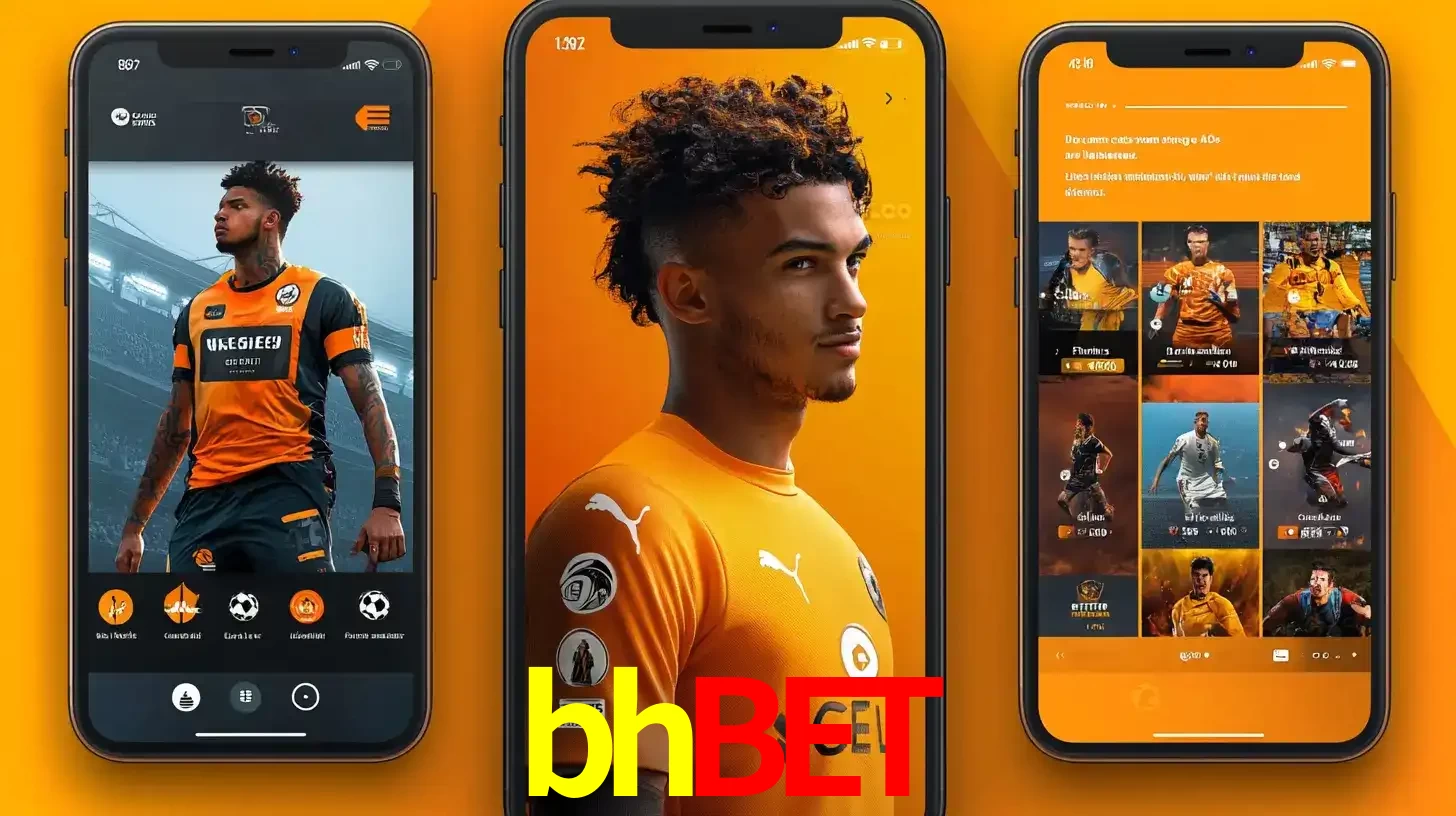 Interface do aplicativo de apostas esportivas bhbet em três telas de celular, mostrando o perfil de um jogador de futebol e a lista de jogos disponíveis para apostar.