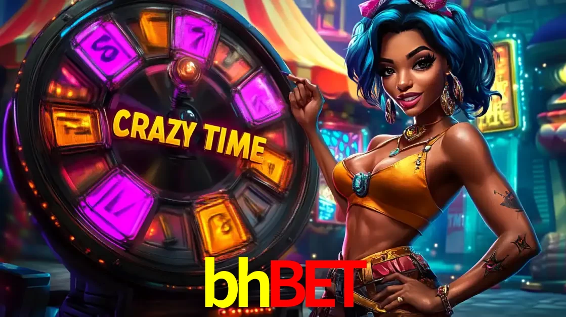 Mulher estilizada com cabelo azul e visual vibrante posando ao lado da roda de prêmios do game show Crazy Time, convidando para a diversão e os bônus do cassino bhbet.