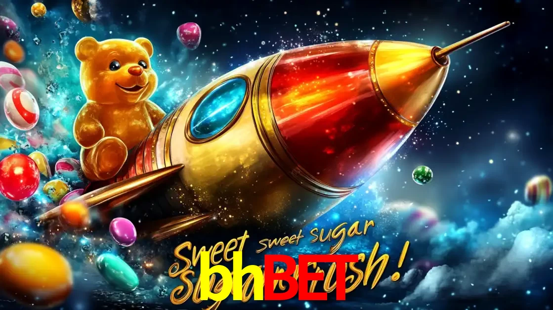 Arte promocional do jogo de slot Sugar Rush, com um urso de pelúcia em um foguete viajando pelo espaço de doces, um dos jogos divertidos disponíveis no cassino bhbet.