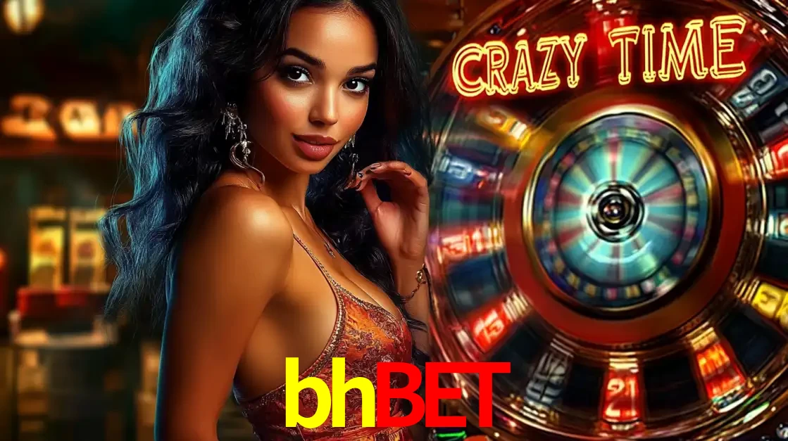 Mulher elegante ao lado da vibrante roda da fortuna do jogo de cassino ao vivo Crazy Time, um dos game shows mais populares e cheios de prêmios do bhbet.