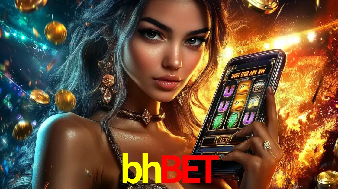 Mulher elegante mostrando um jogo de caça-níqueis em seu smartphone, destacando a experiência de cassino móvel oferecida pelo aplicativo bhbet.