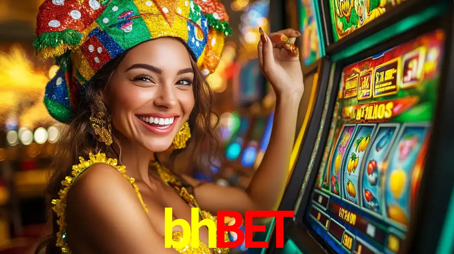 Mulher feliz com traje de carnaval amarelo e colorido ao lado de uma máquina de caça-níqueis, aproveitando a diversão e os jogos temáticos do cassino bhbet.