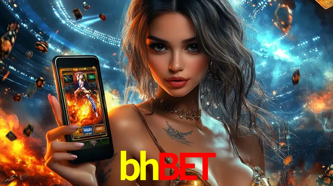 Mulher segurando um celular com um jogo de slot em destaque, tendo como fundo um estádio vibrante, simbolizando a emoção de jogar no cassino móvel bhbet.