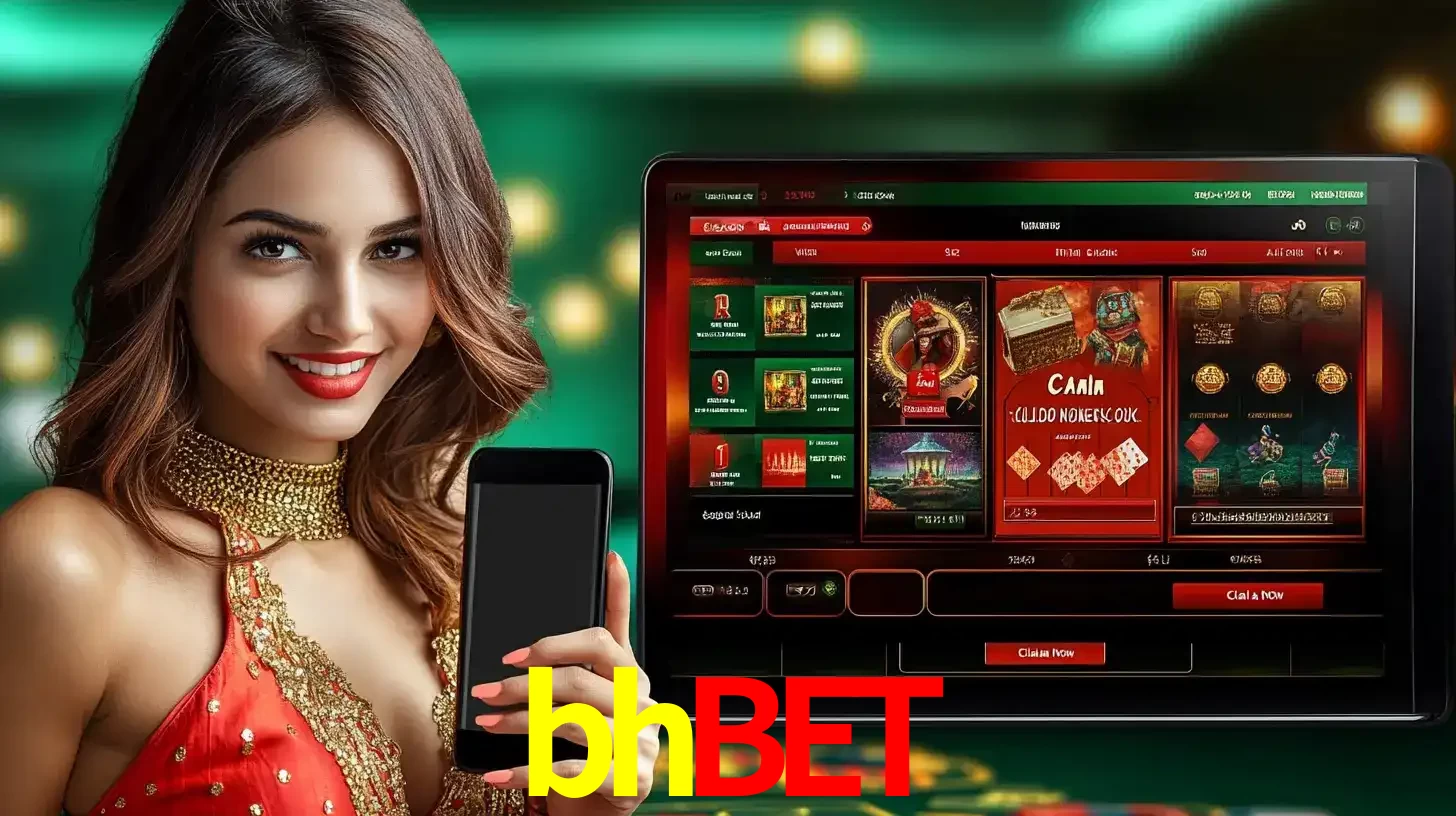 Mulher sorridente segurando um smartphone, ao lado de uma tela exibindo o lobby de jogos do cassino online bhbet, com várias opções de jogos de cartas e slots.